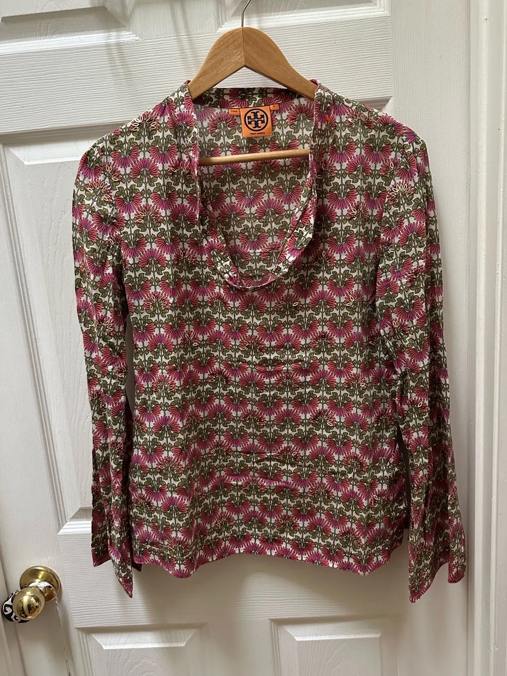 Tory Burch Pink Olive Floral Long-Sleeve cotton tunic Top 8